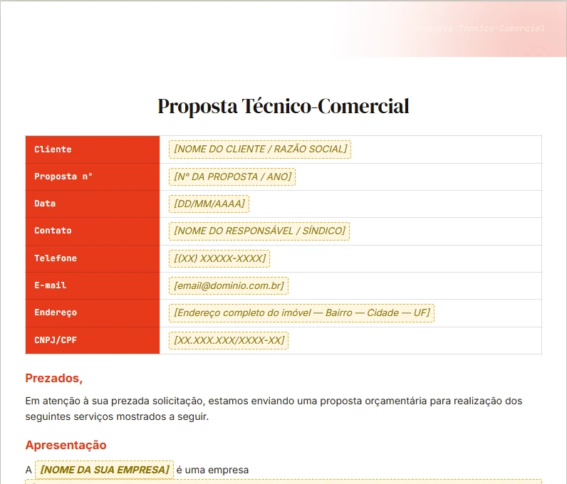 Modelo editável de proposta técnico-comercial